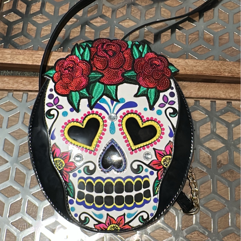 BETSEY JOHNSON Black CANDY KITSCH Sugar SKULL Rose DAY OF DEAD Crossbody BAG